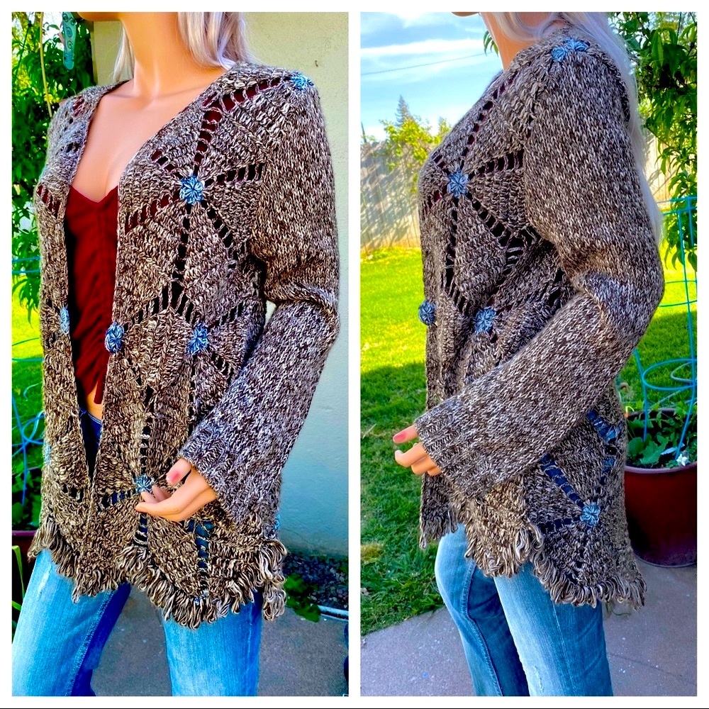 XS-M BoHo Chic Crochet Scallop Fringe Cardigan Duster Sweater - Picture 4 of 16